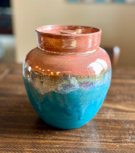 Large Lidded Jar Copper and Turquoise - shipping included