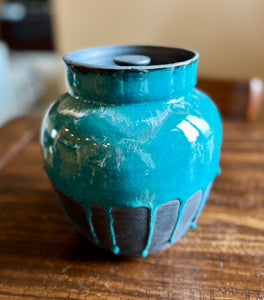 Large Lidded Jar Black and Turquoise - shipping included
