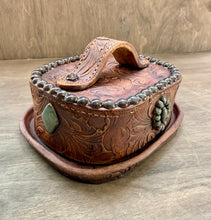 Load image into Gallery viewer, Faux Leather with Faux Turquoise Stones and REAL White Gold Luster Large Brick Style Butter Dish - SHIPPING INCLUDED