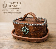 Load image into Gallery viewer, Faux Leather with Faux Turquoise Stones and REAL White Gold Luster Large Brick Style Butter Dish - SHIPPING INCLUDED