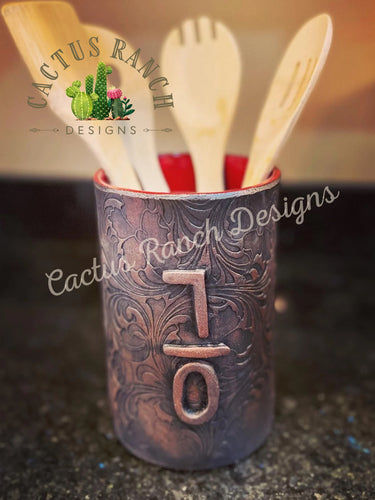 Ceramic Vase/ Utensil Holder with Tooled Leather Look