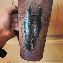 Load image into Gallery viewer, Tooled Leather Look Horse Markings AND/OR Brand Tall Coffee Mug