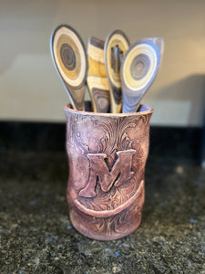 Ceramic Vase/ Utensil Holder with Tooled Leather Look